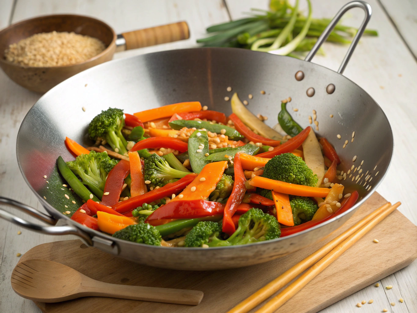 Fresh stir-fried vegetables and chicken in a hot wok