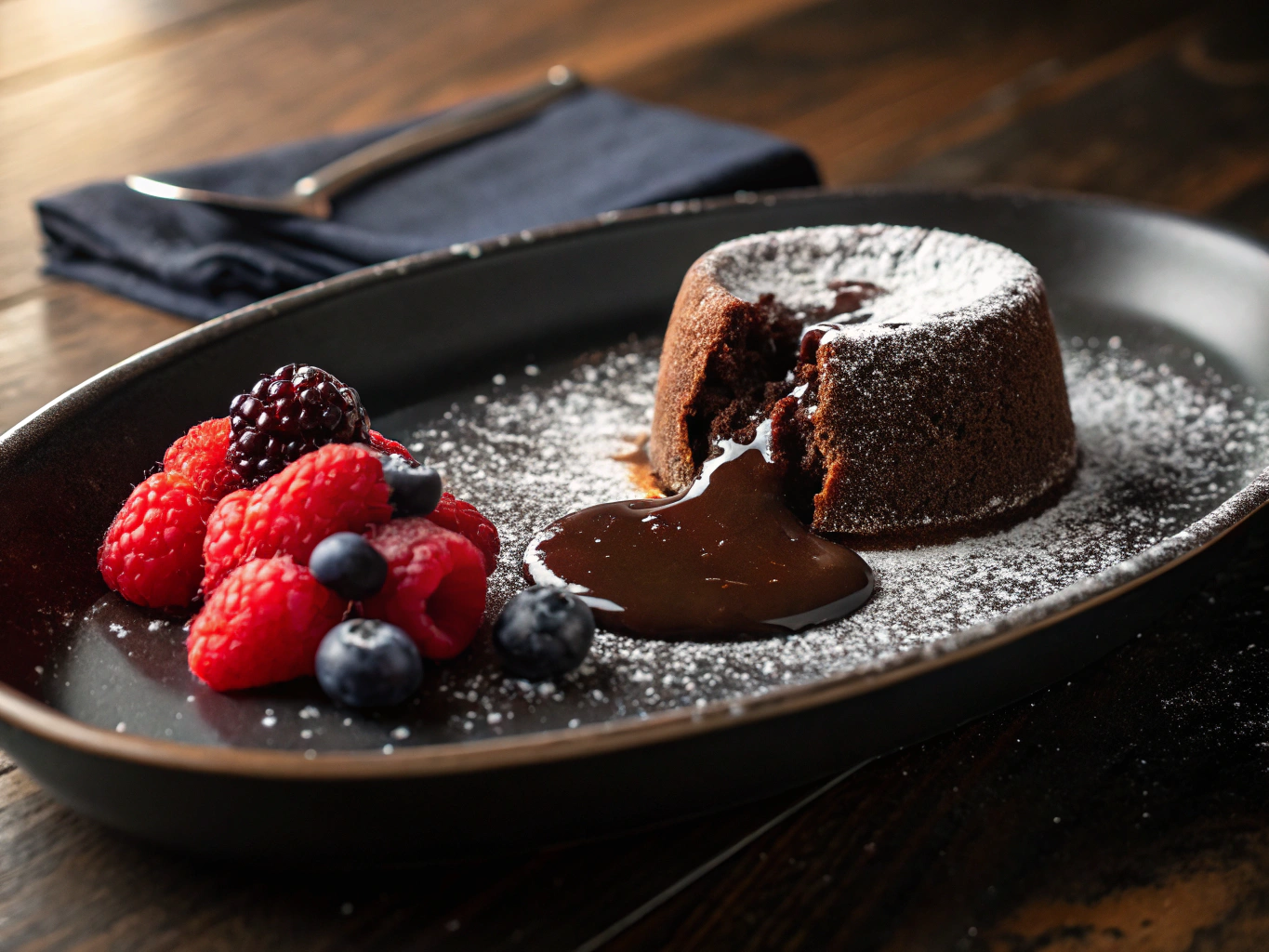 Decadent chocolate lava cake with fresh berries