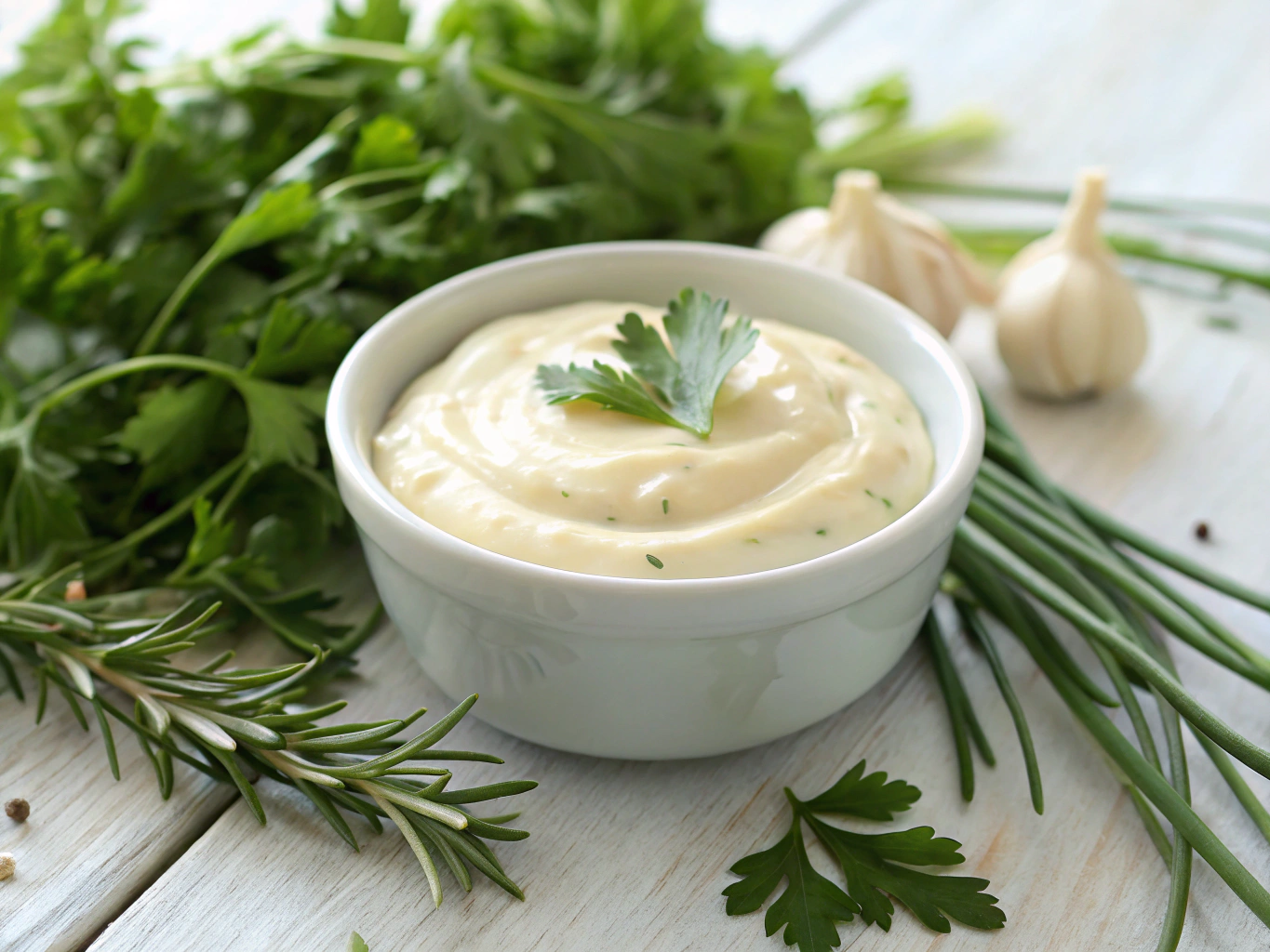Creamy house garlic aioli in a small ceramic bowl