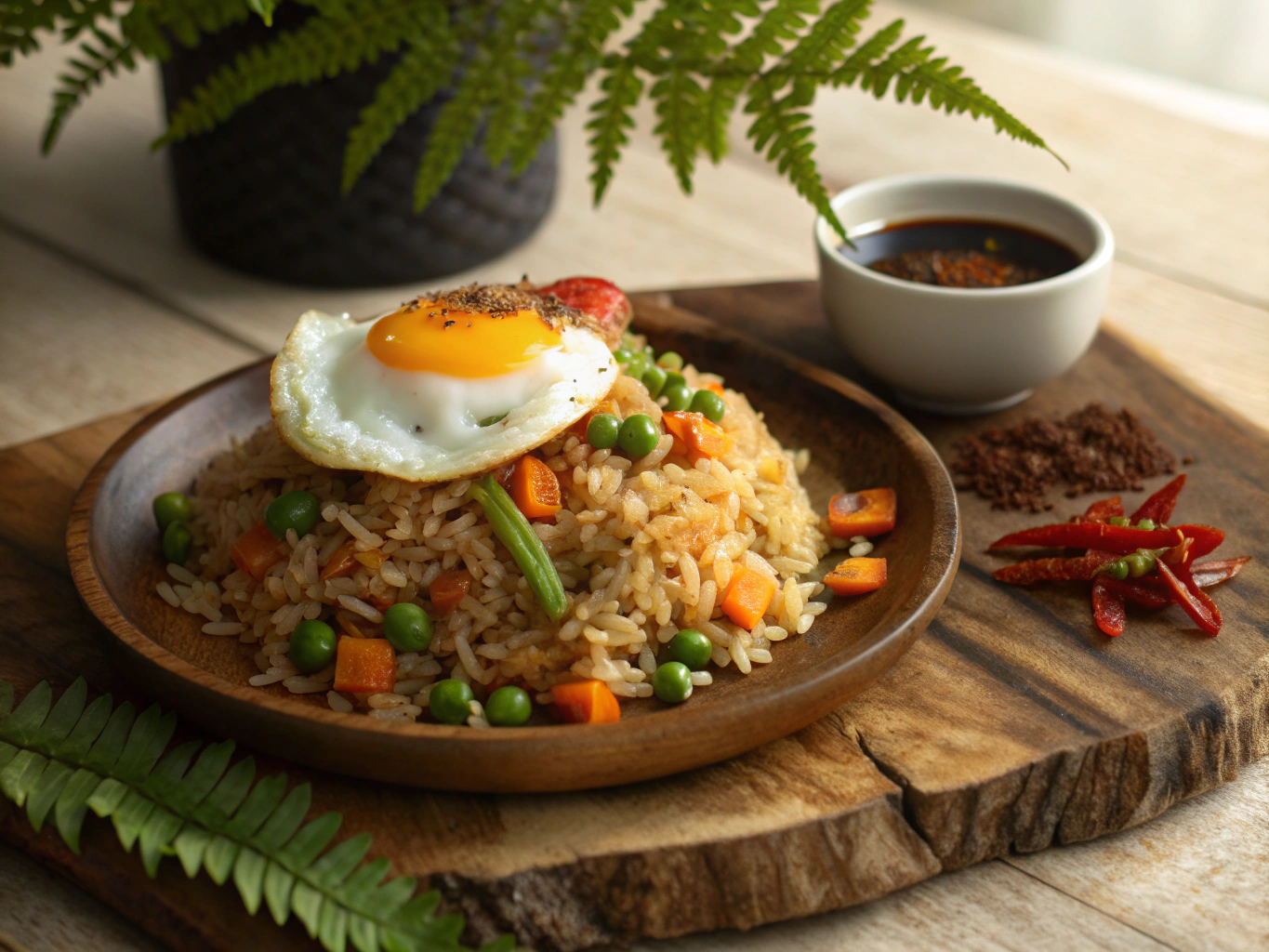 Traditional Nasi Goreng with fried egg and garnish
