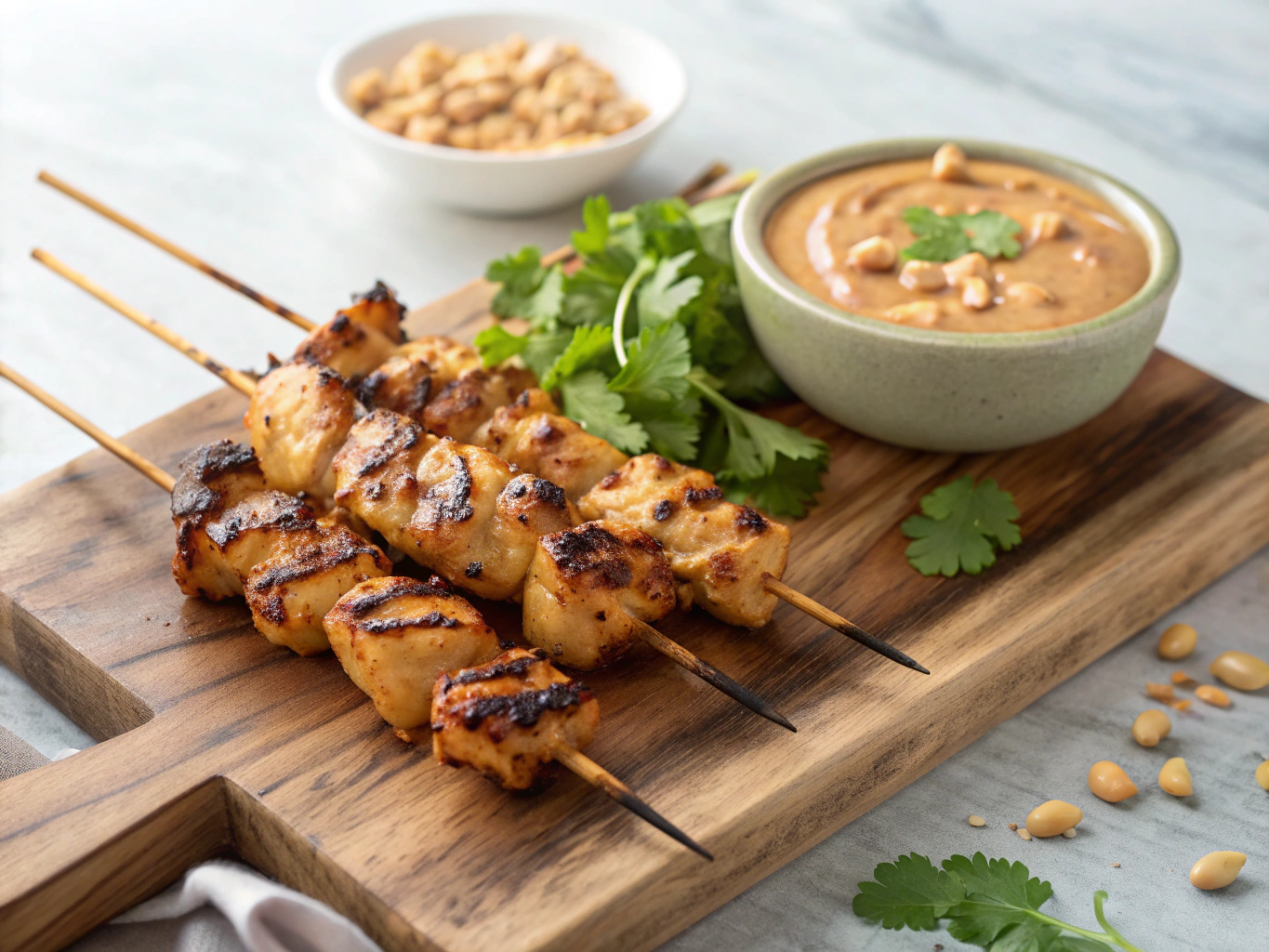 Grilled chicken satay skewers with peanut sauce