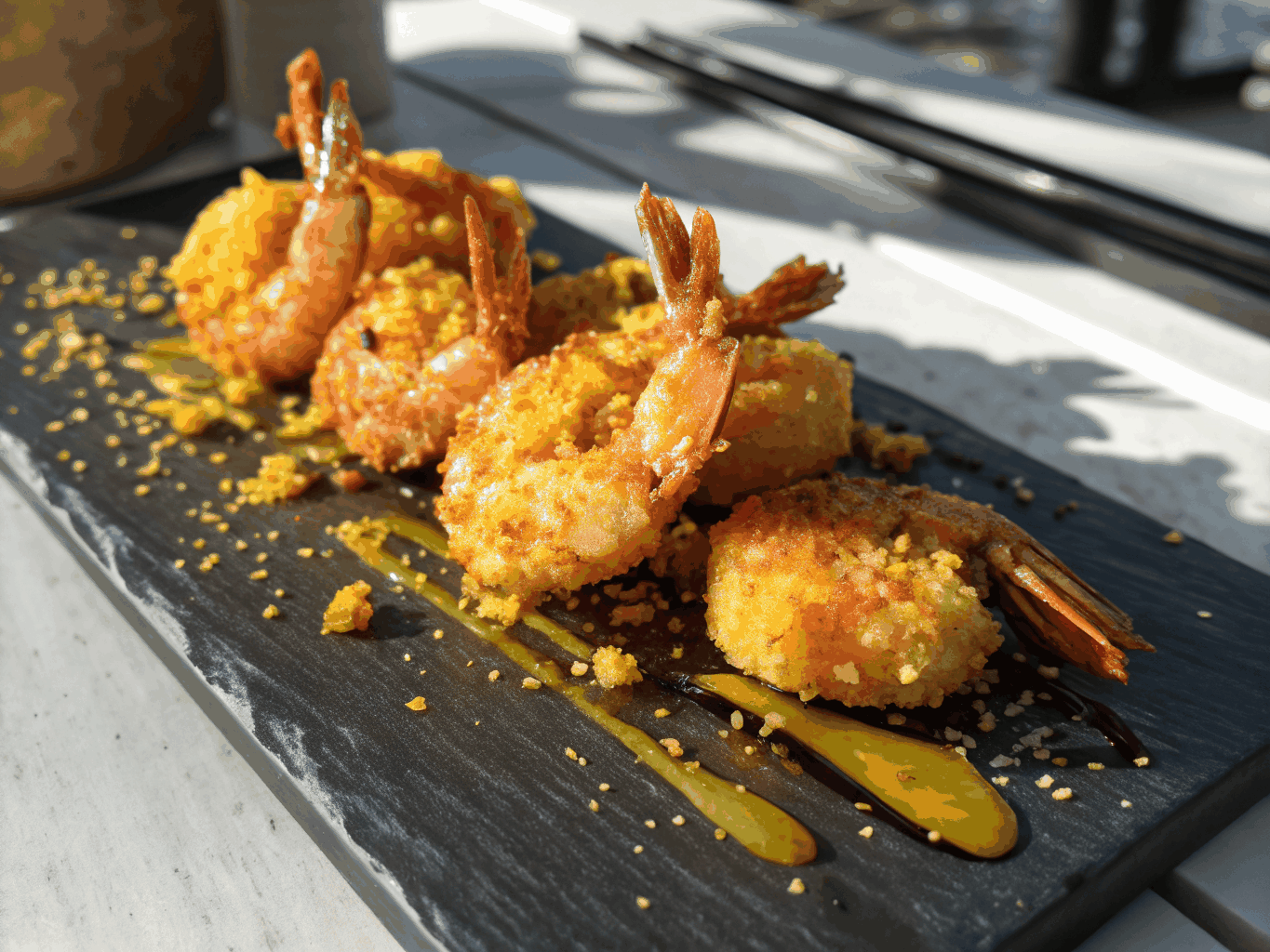 Golden crispy tempura prawns with dipping sauce
